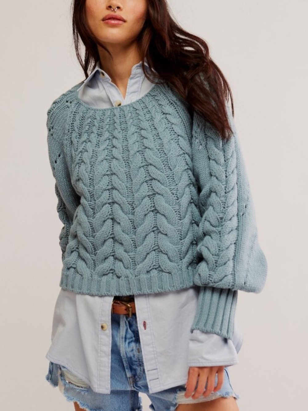 NWT FREE PEOPLE Sandre Pullover Ancient Turquoise SZ: L - Picture 2 of 9
